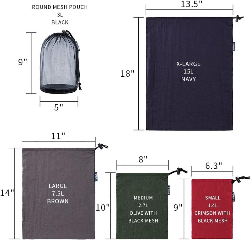 EXERMIL Nylon Stuff Sack Set 5-Piece (1.4L/2.7L/3L/7.5L/15L); Drawstring Storage Sack; Mesh Bags; Ditty Bags Small M Large XL for Organization Travel Camping Backpacking Down Jacket; Assorted Colors - Image 2